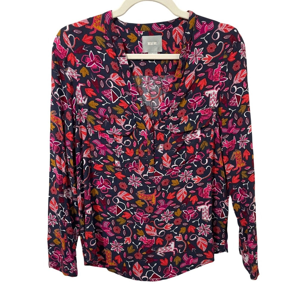 Maeve Anthropologie Top Size 6 Navy Multicolor Leaf Woodland Animal Print Fall